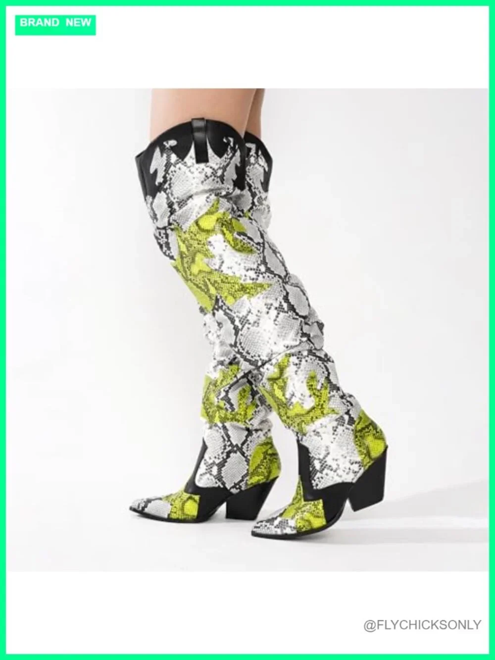 Thigh High Cowboy Boots Chunky Heel Faux Snakeskin Western Booties Block Heel